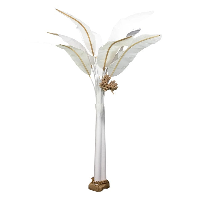 The 9' Canvas Banana Tree in Natural features large, lifelike leaves, brown rattan accents, and a wrapped base with imitation bananas—an elegant addition to any sophisticated interior.