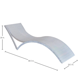 The Bari Stacking Chaise Lounge in Chambray features a curved resin wicker design with woven texture and measures 80.5" L x 26.5" W x 26" H—perfect for relaxing outdoors.