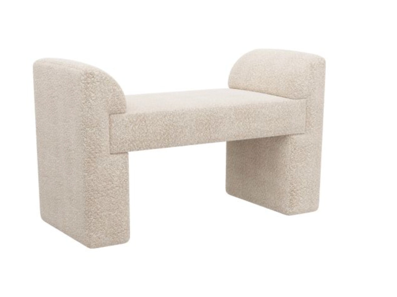 The AR Windemere Bench in Ramble Natural features a modern, beige upholstered rectangular seat with thick, rounded ends and measures 49" x 19" x 23", set against a white background.