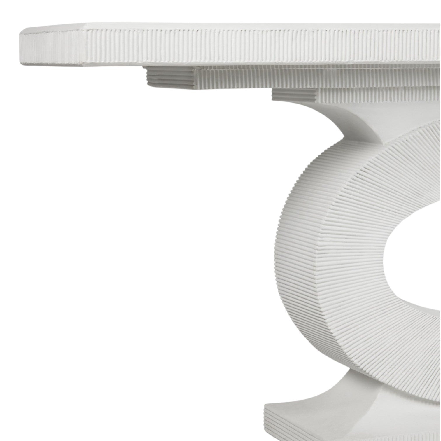Close-up of the Grier Console, featuring a white concrete finish with a keyhole pedestal base and a thick rectangular top, displayed against a plain white background.