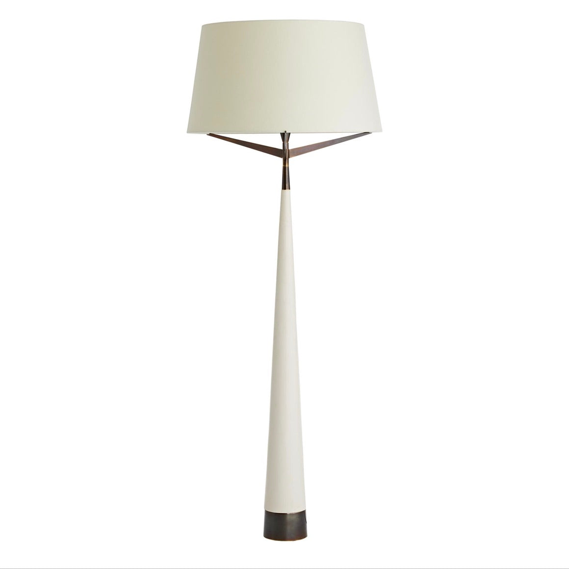 The Elden Floor Lamp features a modern cone shape with a tapered white base, heritage brass accents, and a large white linen shade, shown against a plain white background.