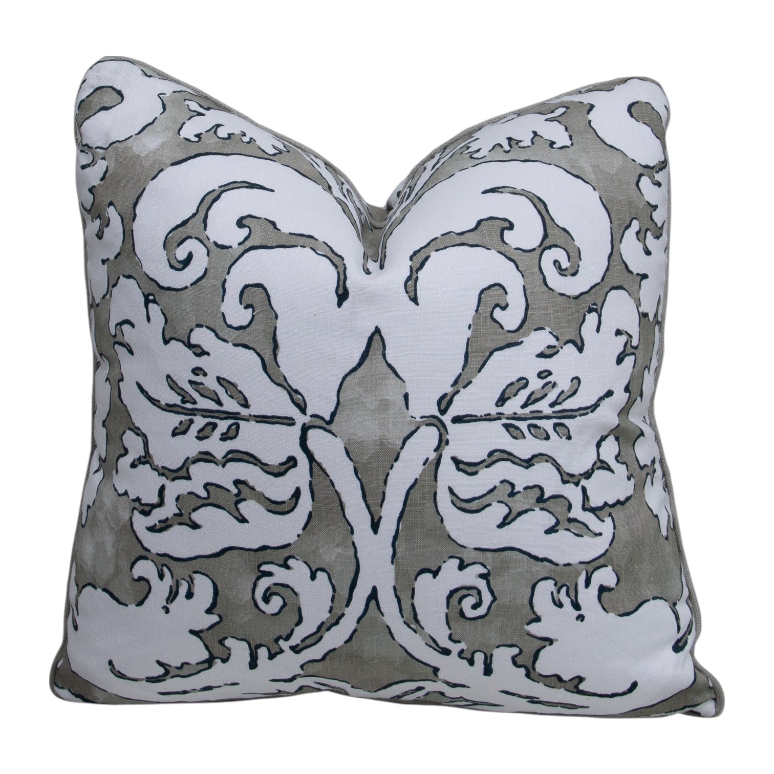 The Ellsworth Stone Pillow features a gray and white ornate, symmetrical pattern on its cover, crafted from premium materials for lasting comfort—ideal for custom pillow enthusiasts and shown against a white background.