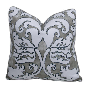 The Ellsworth Stone Pillow features a gray and white ornate, symmetrical pattern on its cover, crafted from premium materials for lasting comfort—ideal for custom pillow enthusiasts and shown against a white background.