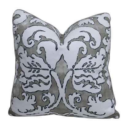 The Ellsworth Stone Pillow features a gray and white ornate, symmetrical pattern on its cover, crafted from premium materials for lasting comfort—ideal for custom pillow enthusiasts and shown against a white background.