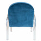 The Elva Acrylic Arm Chair features a blue upholstered seat with a rounded backrest, transparent legs, and elegant acrylic arms, viewed from behind.