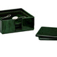 Image of a set of four dark green square coasters from the Blue Pheasant Nelson Emerald Barware Collection, with three placed in a matching box and one positioned in front of it. An attached price tag is visible inside the box.