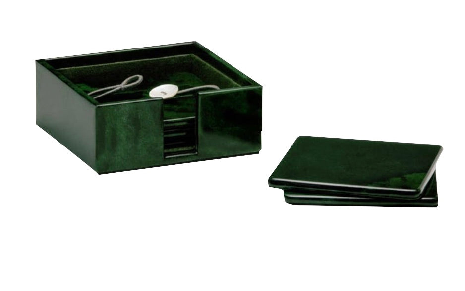 Image of a set of four dark green square coasters from the Blue Pheasant Nelson Emerald Barware Collection, with three placed in a matching box and one positioned in front of it. An attached price tag is visible inside the box.