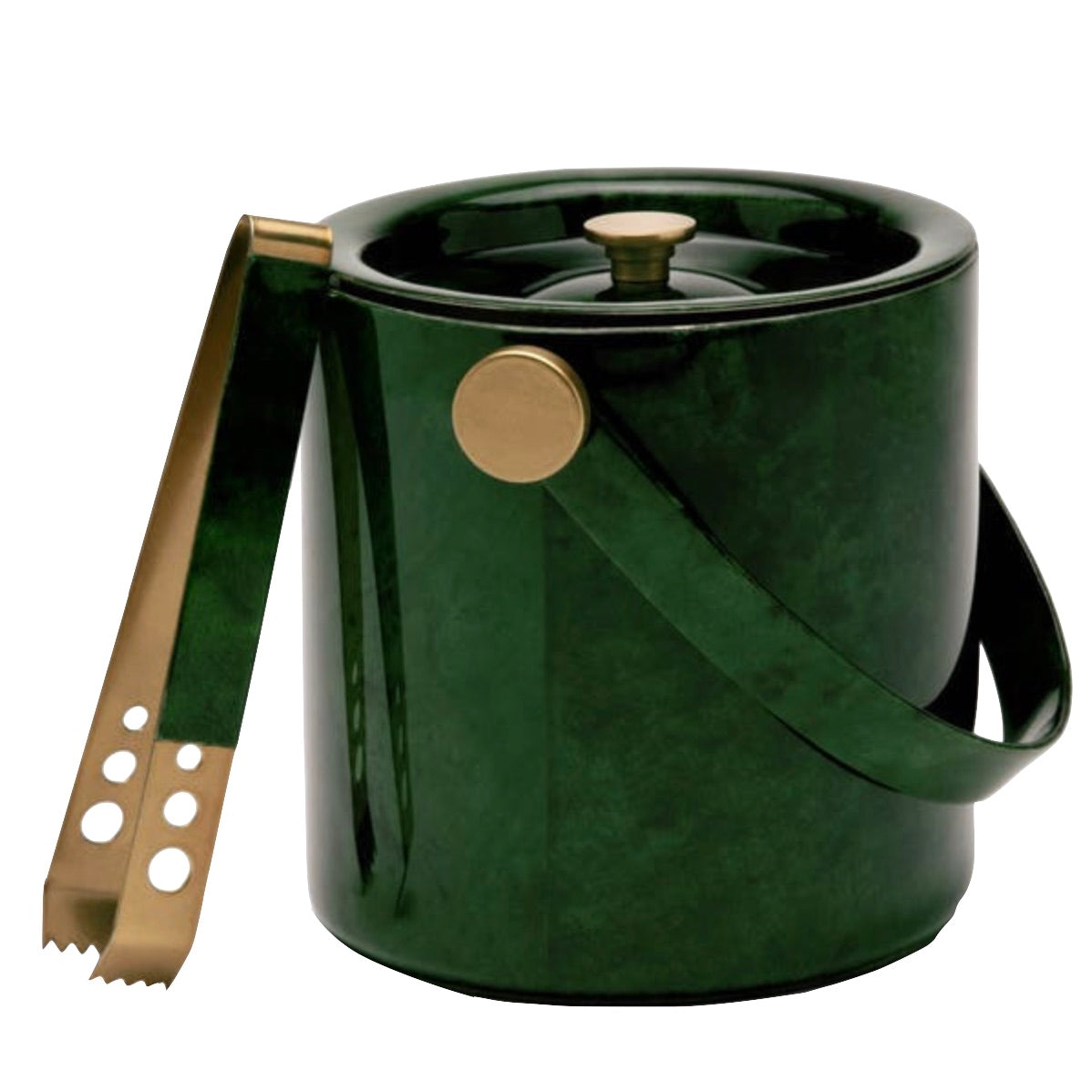 A dark green ice bucket with a lid, gold handle, and matching gold ice tongs leaning against it features exquisite brass detailing from the Blue Pheasant Nelson Emerald Barware Collection.