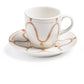 A white coffee cup with a handle and matching saucer, both featuring brown wavy line and dot patterns, is placed against a white background. This charming piece of Themis Z Serenity Beige Collection adds an elegant touch to any setting.