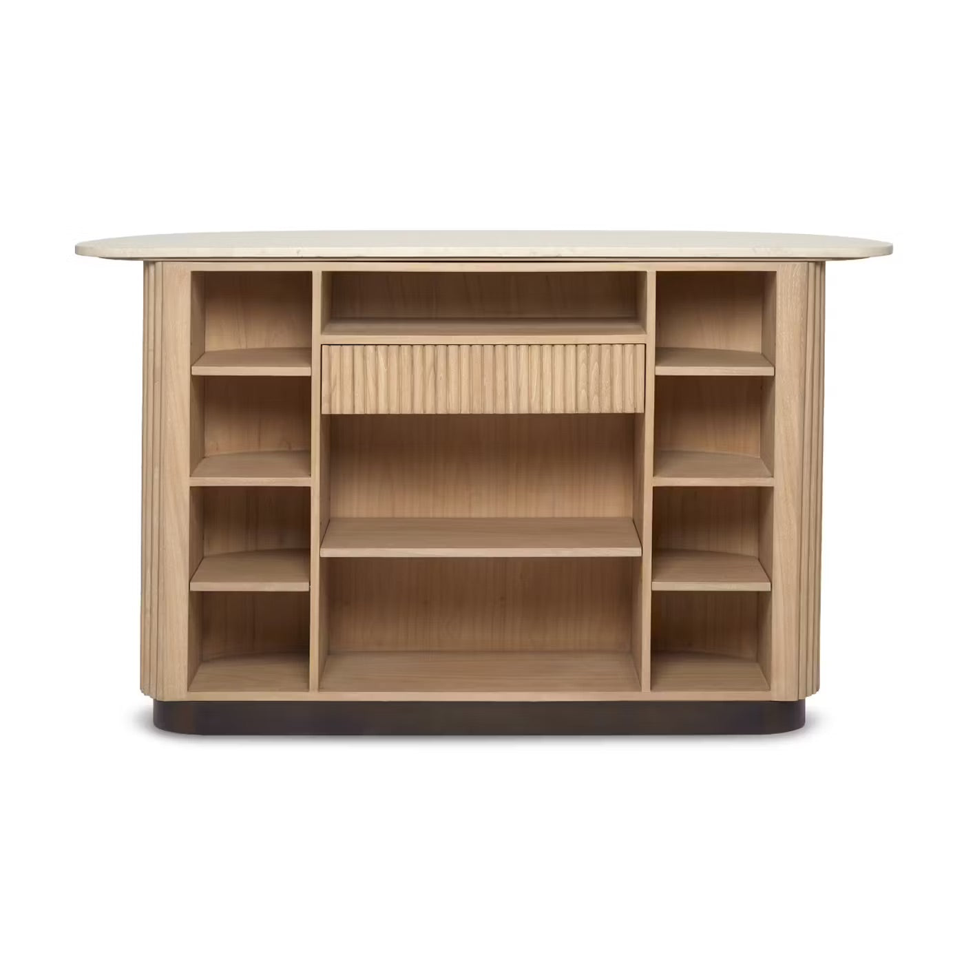 The Anton Bar features open wooden shelves, a central drawer, and a rounded marble top—all in a stylish front-facing design that blends chic looks with practical storage.
