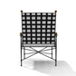 The Amalfi Adjustable Chain Lounge Chair features a black powder-coated steel frame with a grid-patterned backrest, gold finials on the top corners, and a white seat cushion, shown from the back.