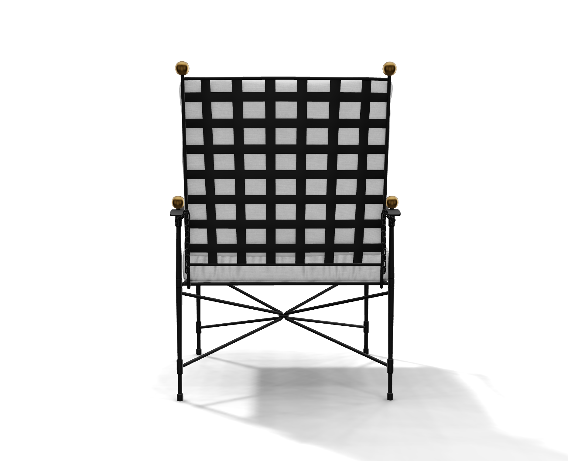 The Amalfi Adjustable Chain Lounge Chair features a black powder-coated steel frame with a grid-patterned backrest, gold finials on the top corners, and a white seat cushion, shown from the back.