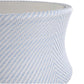Close-up of the Bari Round Coffee Table in Chambray, featuring a light blue and white woven chevron pattern, slightly flared rim, and resin wicker appearance.