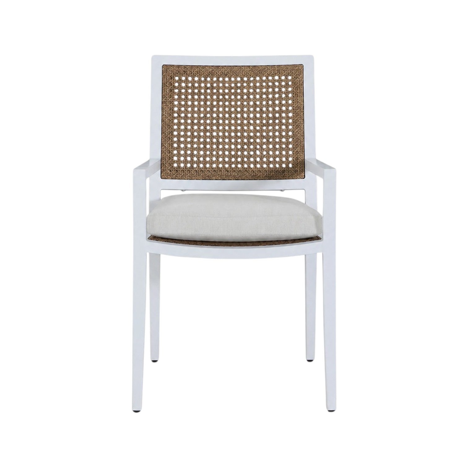 The Bermuda Arm Chair features a white frame, cane backrest, beige cushioned seat, and straight armrests, shown from the front against a plain background—ideal for outdoor dining.