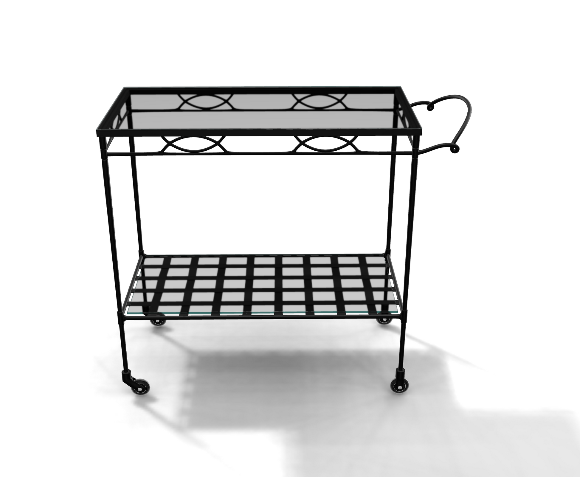 The Amalfi Bar Cart is crafted from powder-coated steel with two glass shelves, a decorative handle, and four wheels. Shown on a white background.