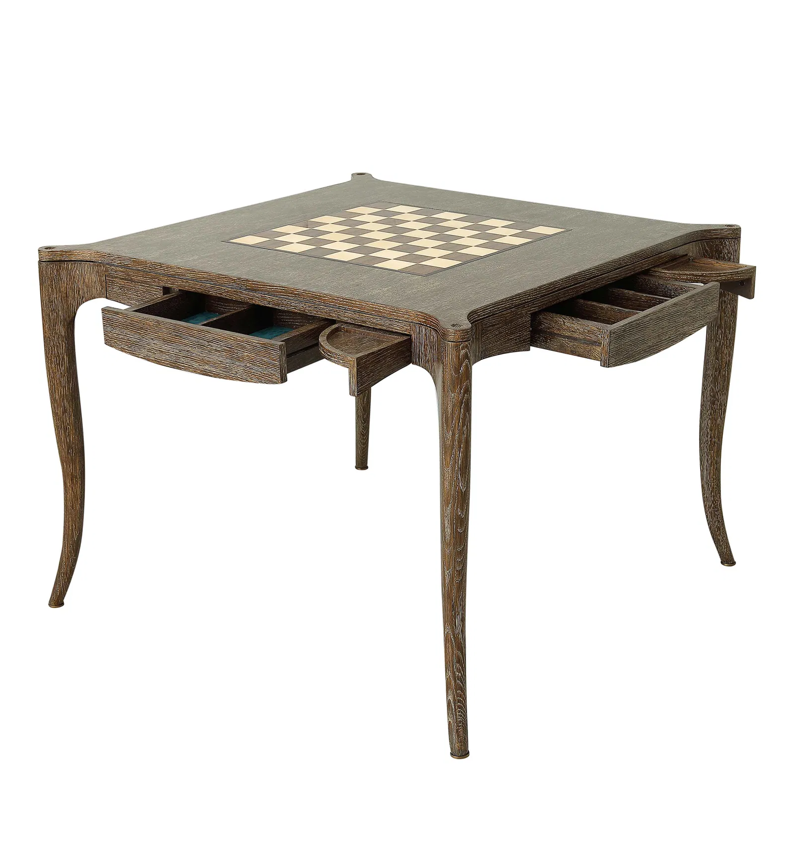 The Bembridge Games Table in Dark Oak features a built-in chessboard top and four drawers—one on each side—partially open, making it an elegant choice for any games enthusiast.