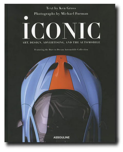 Book cover of "Iconic: Art, Design, Advertising, and the Automobile" by Ken Gross and Michael Furman, featuring a top view of a blue sports car with an orange stripe down the middle. This captivating image perfectly encapsulates the essence of Iconic: Art, Design, Advertising, and the Automobile in modern advertising.