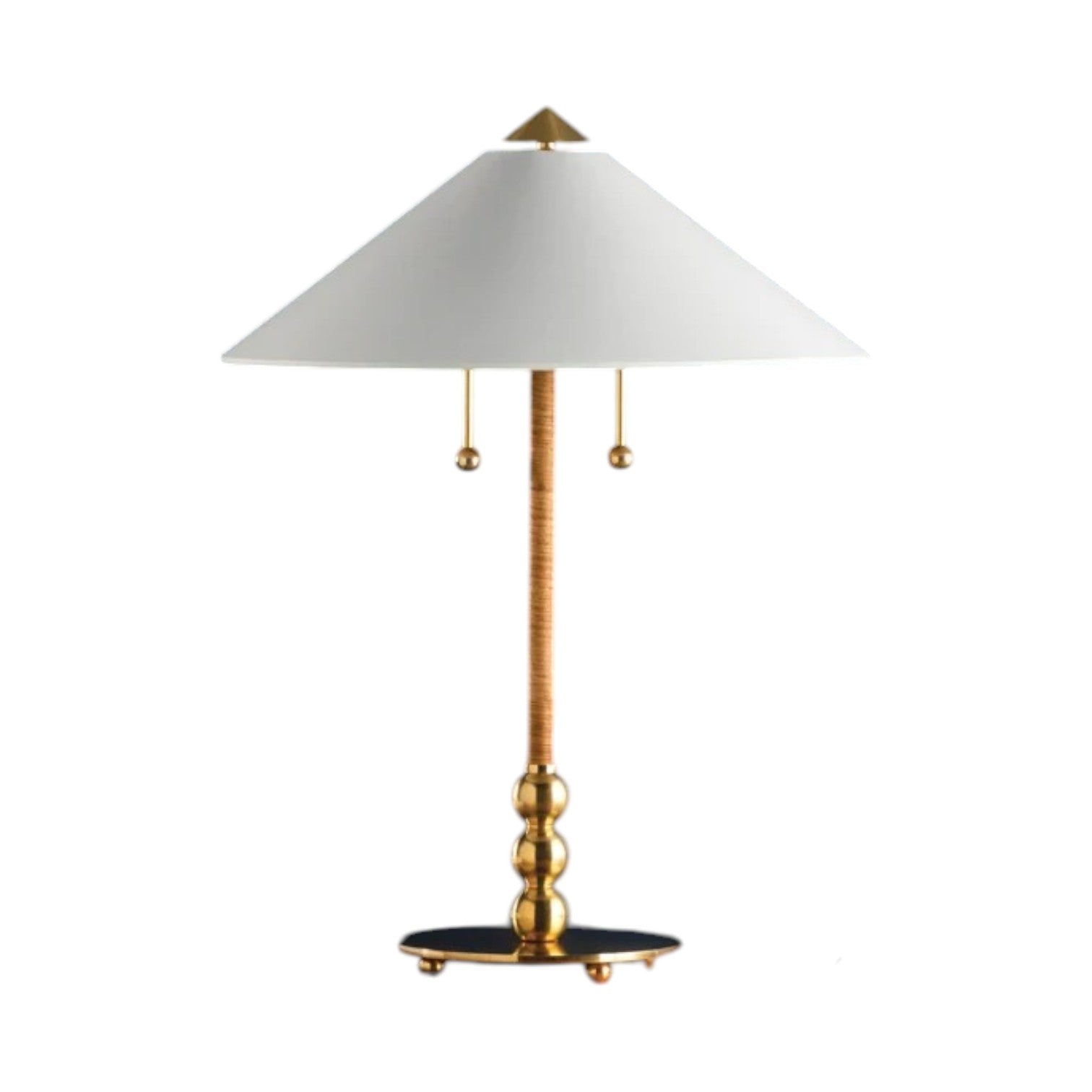 The Flare Table Lamp, Aged Brass, features a black finish, round base, textured stem, wide white conical shade, and two pull chains—ideal for adding sophisticated style to any décor.