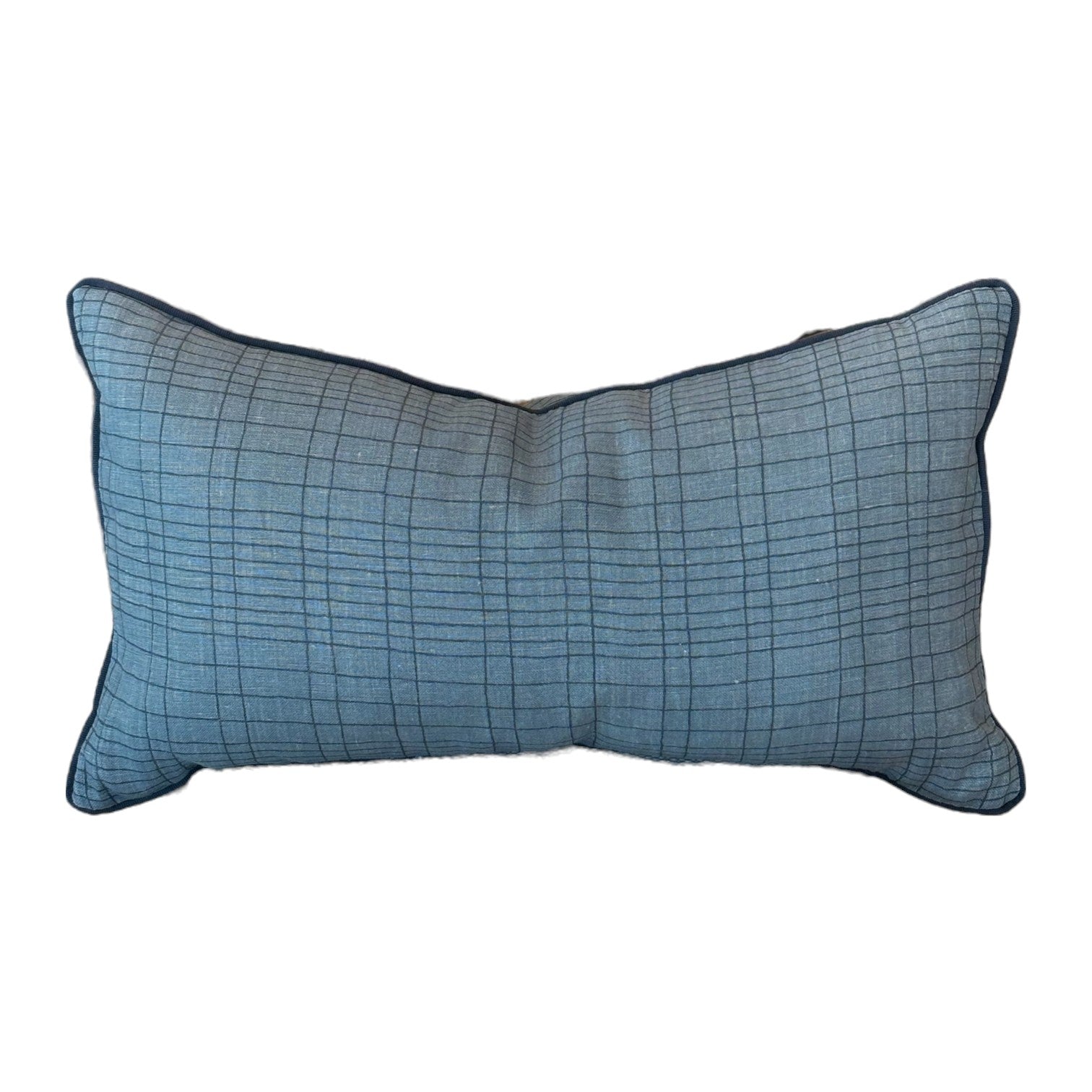 The Flatland Bluestone Lumbar Pillow features a subtle grid pattern and dark piping on the edges, shown against a white background—a stylish accent for any room.