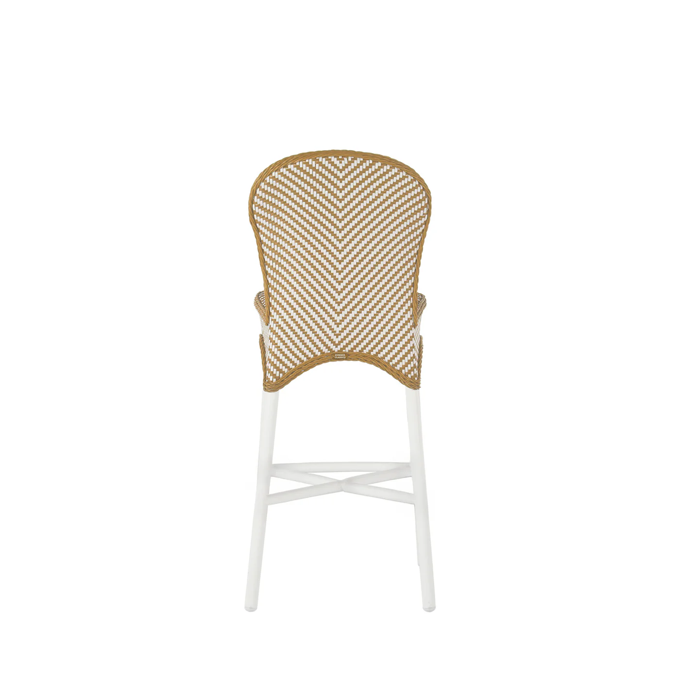 The Savoy Bar Stool features a beige and white chevron woven back, white legs, and a gently curved seat, shown from the back against a white background.
