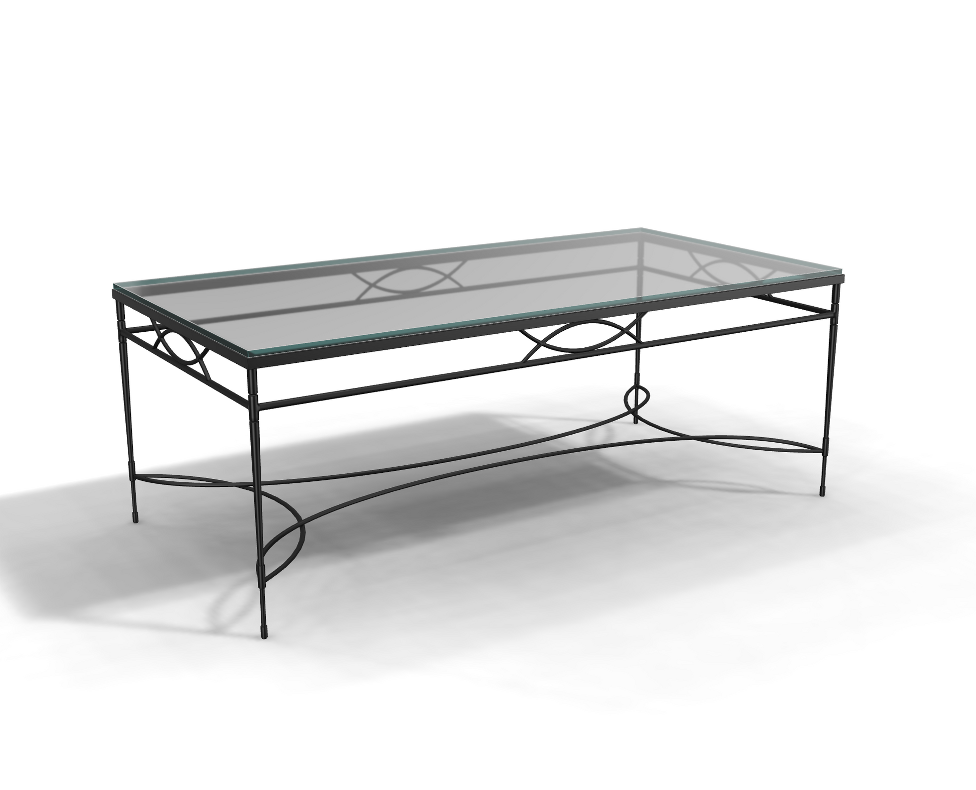 The Amalfi Glass Top Cocktail Table showcases a rectangular tempered glass surface and hand-forged steel frame with decorative curved supports, all set against a white background.