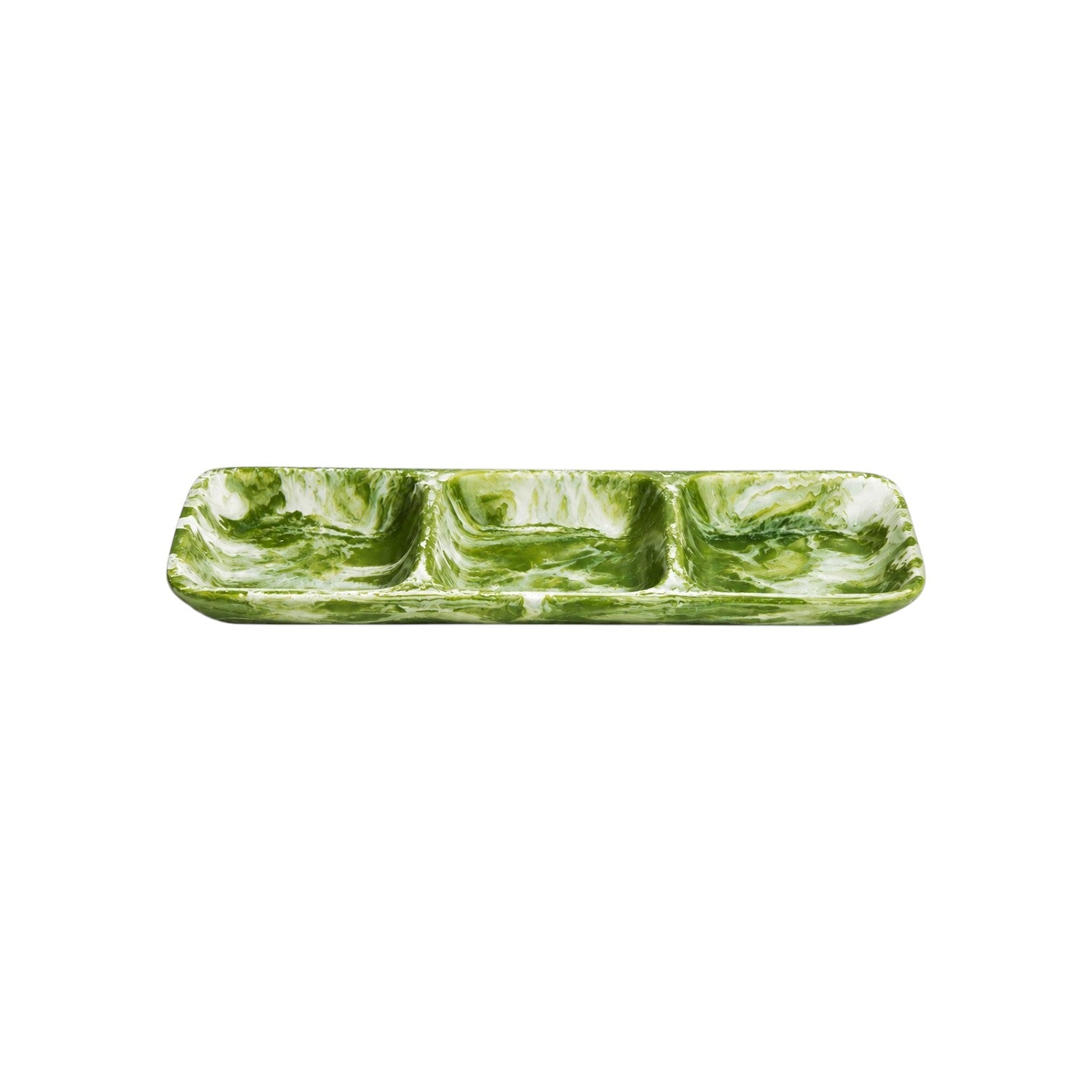 Rectangular green marbled tray from the Nashi Home Serveware Collection, Forest, featuring three compartments—viewed from above on a white background. A stylish piece to enhance your home decor.