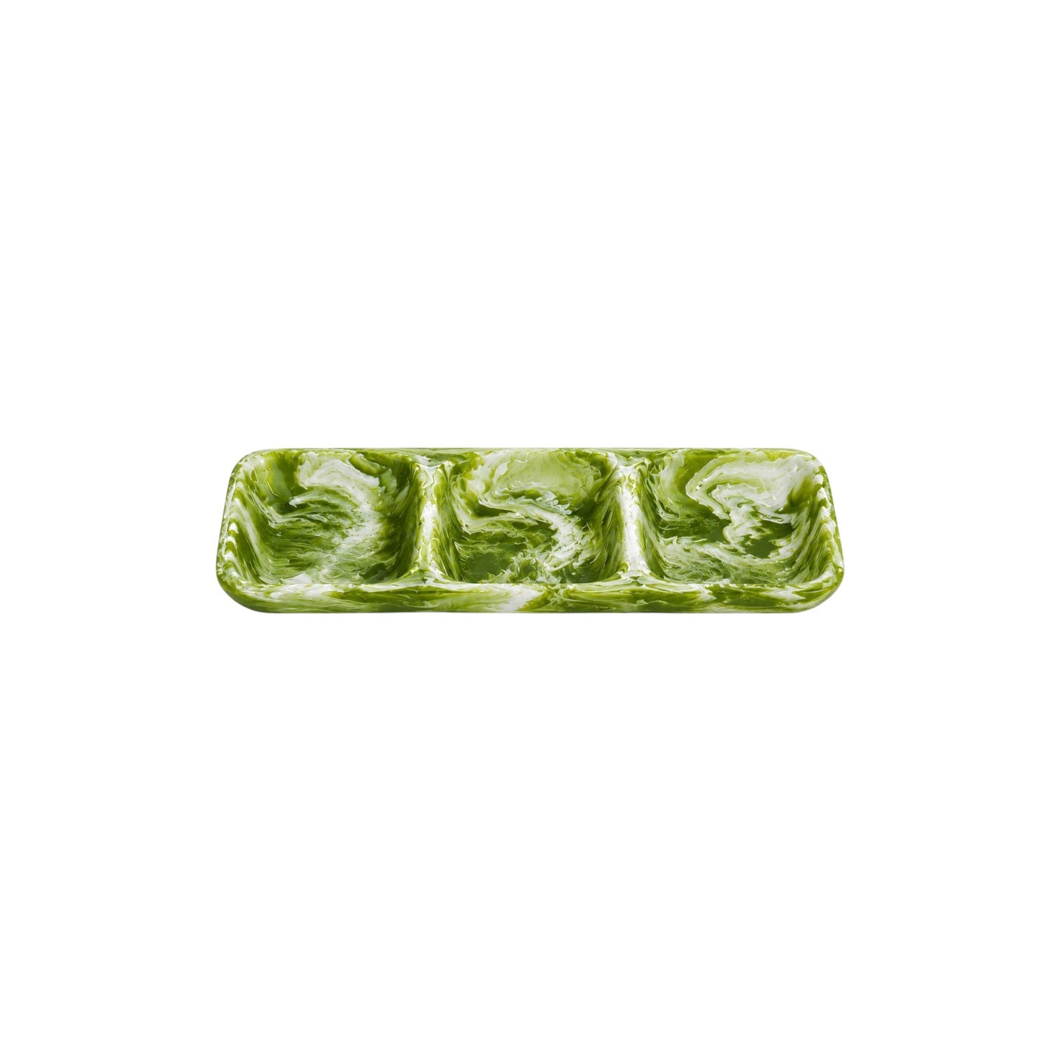 The Nashi Home Serveware Collection, Forest, features a rectangular resinware tray with three sections and a green and white marbled design—ideal for serving or as a stylish home decor accent. Shown on a white background.
