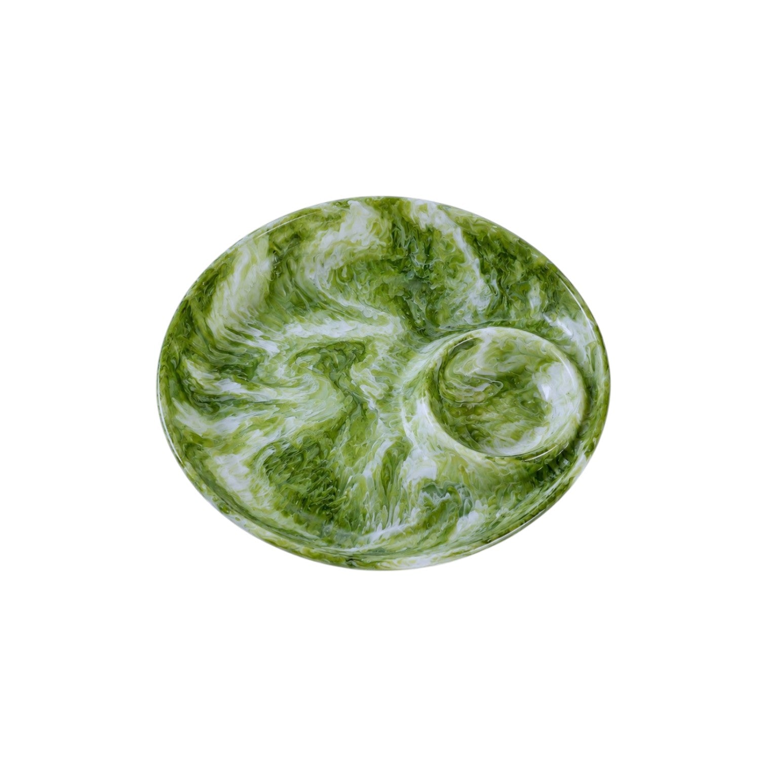 The Nashi Home Serveware Collection Forest plate features a green and white marbled design, a round shape, and a small dipping section, making it a stylish serving piece against a white background.