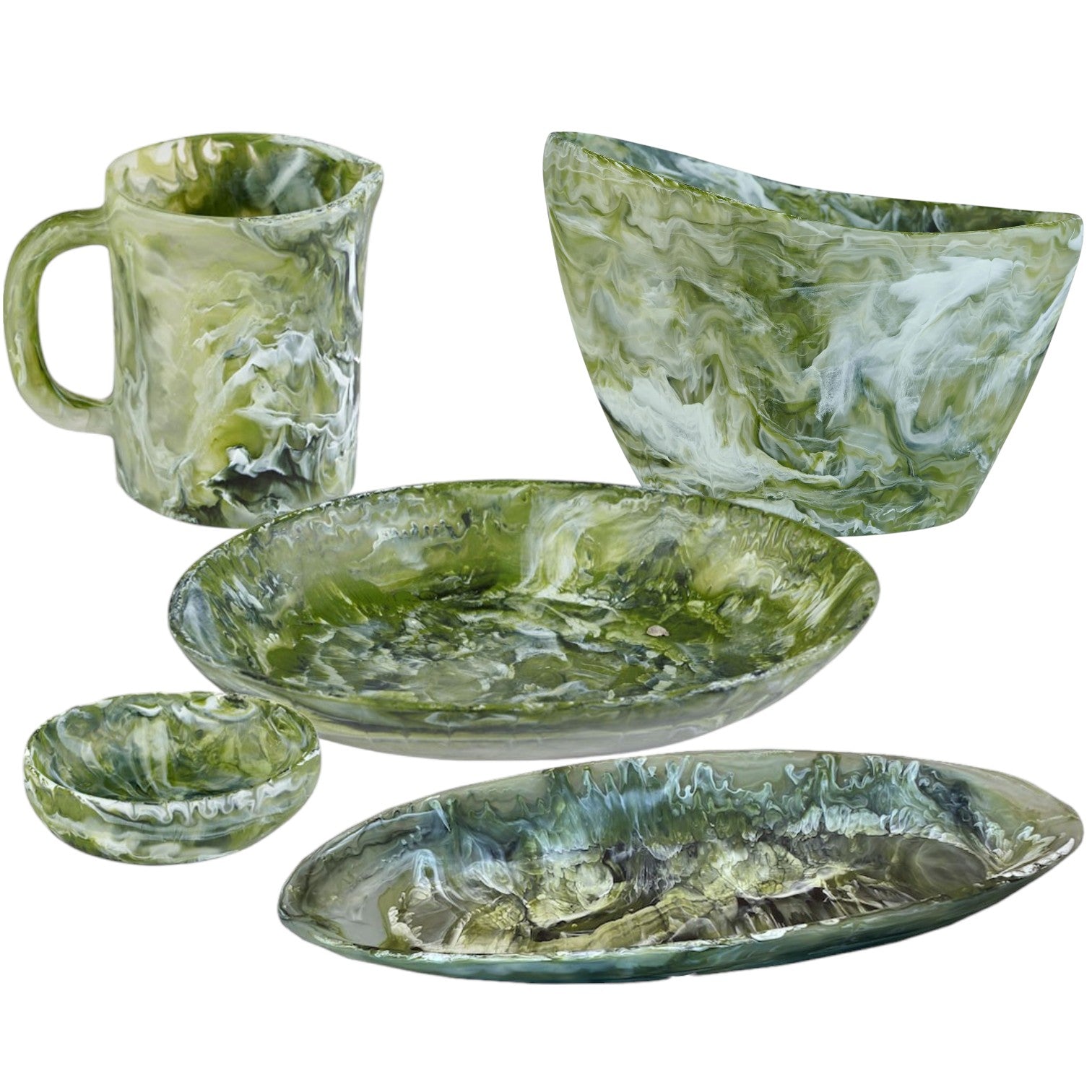 The Nashi Home Serveware Collection, Forest, features five green and white marbled resin pieces—a mug, large bowl, shallow bowl, and two plates—perfect as an elegant serving set for contemporary home decor.