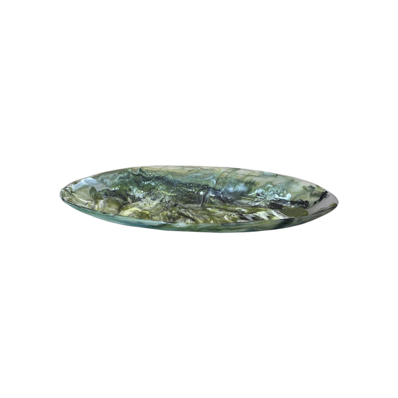 The Nashi Home Serveware Collection, Forest, features an oval glass dish with a green and brown marbled design—an elegant serving piece to enhance your home decor. Shown on a white background.