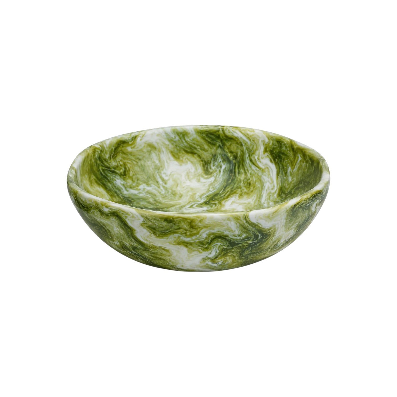 The Nashi Home Serveware Collection, Forest, features a round bowl with a green and white marbled pattern—crafted from resinware for a striking serving piece or unique home decor accent. Shown on a white background.