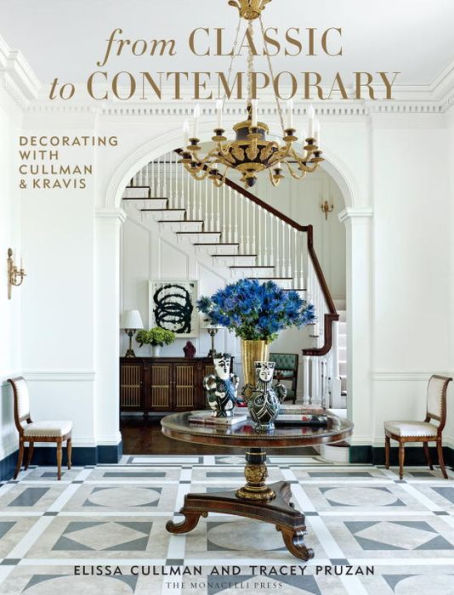 Book cover titled "From Classic to Contemporary" featuring an elegant foyer designed by a renowned interior design firm. The space boasts a wooden staircase, chandelier, round table, and decorative items that blend traditional interiors with modernism.