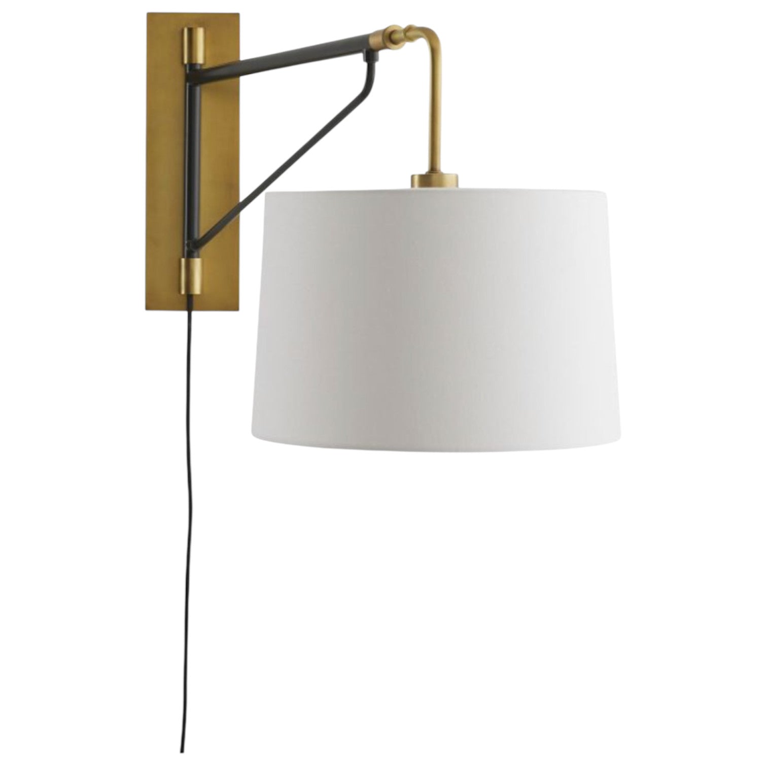The Anthony Sconce Antique Brass features a wall-mounted, adjustable black and brass arm, rectangular brass backplate, and white fabric drum shade—an elegant bedside reading light with a black electrical cord.