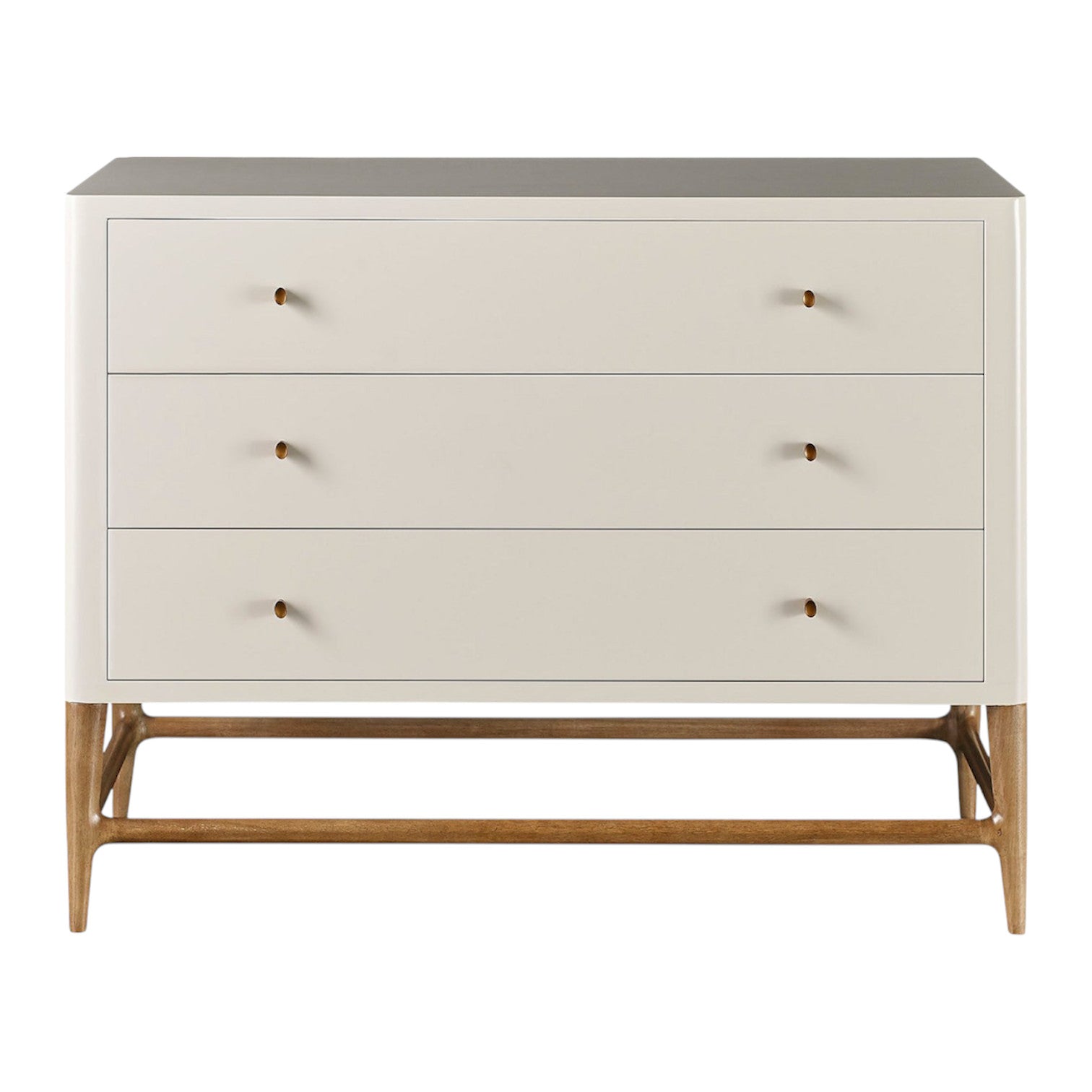 The Radius Nightstand features a modern design with a cream lacquer finish, minimalist round handles, and sturdy walnut legs—reflecting the signature style of the dresser in a compact bedside form.
