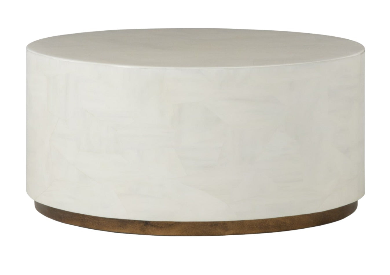 Round, light-colored Boyd Coffee Table, Large with a smooth surface and a wooden base, featuring a sleek white faux horn finish.