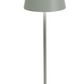 A tall, slender gray Zafferano Poldina Pro Cordless Lamp with a conical shade and a square base features dimmable LED lighting and operates on a rechargeable battery for convenient cordless illumination.