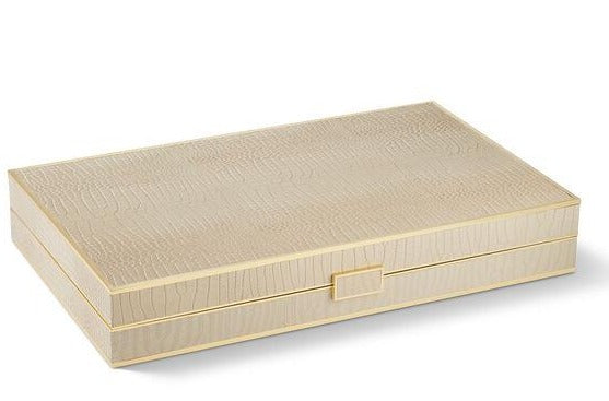 Rectangular beige AERIN Croc Leather Backgammon Set with a textured surface and gold-toned edges, reminiscent of a luxury set, featuring a small square clasp at the front.