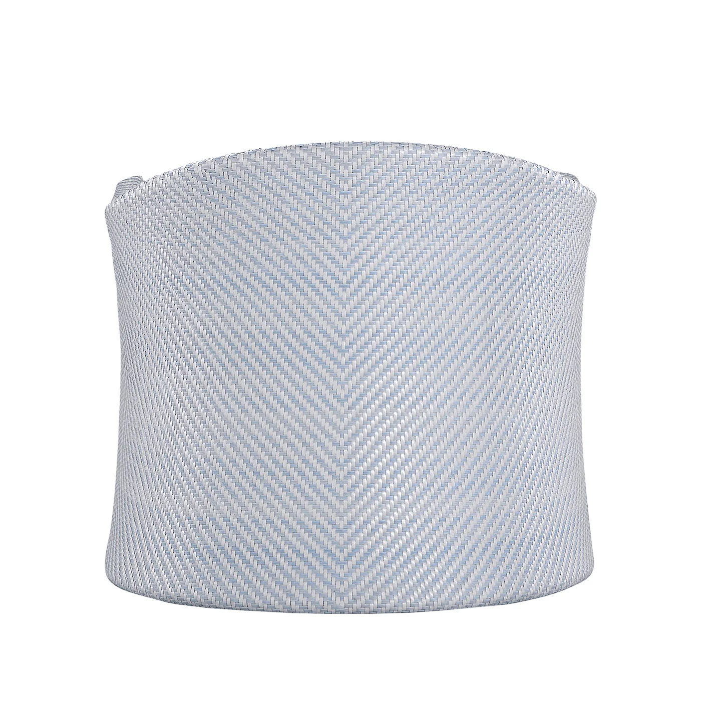 A front view of the Bari Swivel Lounge Chair in Chambray, highlighting its light blue herringbone-patterned fabric against a white background, evoking crisp elegance and outdoor relaxation with its water-resistant cushion.