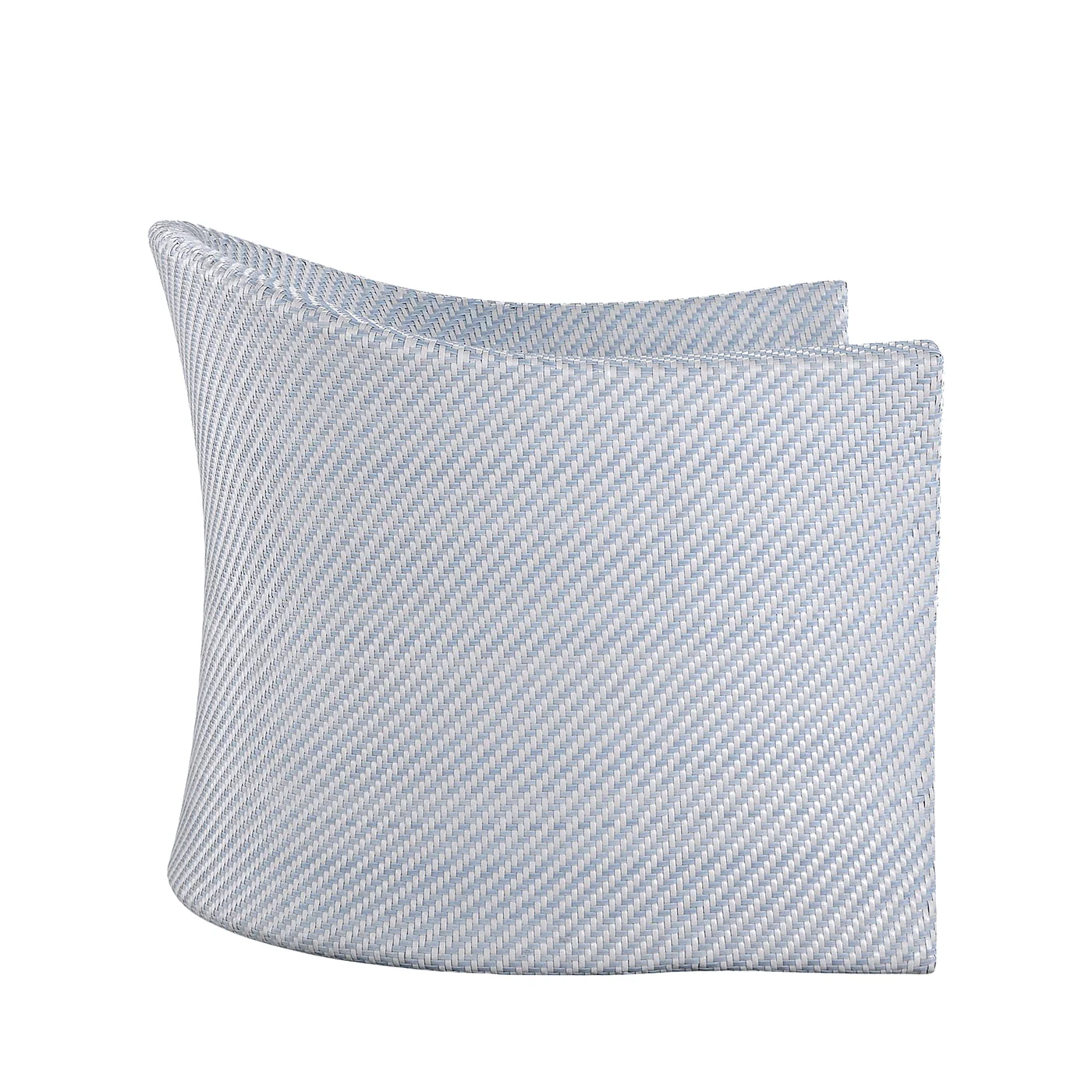 The Bari Swivel Lounge Chair in Chambray features a light gray fabric with a subtle diagonal weave—perfect for enhancing your outdoor relaxation space with both style and comfort.