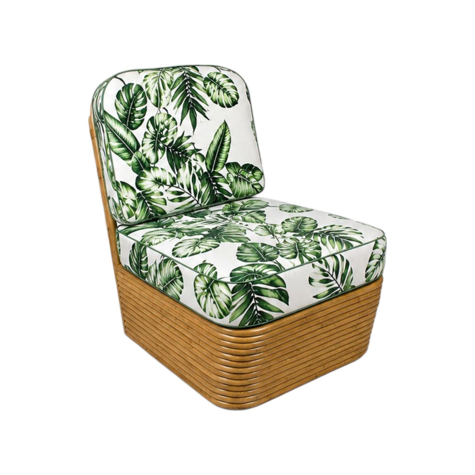 The Godfather Rattan 3 piece Sofa features white cushions with a green Calathea leaf pattern upholstery, displayed against a plain white background.