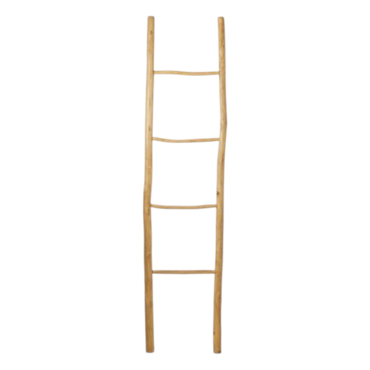 The Provo Leaning Towel Rack is a four-rung, natural, unfinished teak ladder standing upright against a white background—ideal for use as a stylish and durable towel rack.