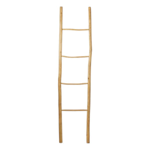 The Provo Leaning Towel Rack is a four-rung, natural, unfinished teak ladder standing upright against a white background—ideal for use as a stylish and durable towel rack.