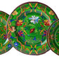 Three plates from the Mario Luca Giusti Pancale Green Collection, showcasing modern shapes and colors, adorned with vibrant floral and abstract patterns.