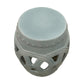 Light Blue and Gray Fine Porcelain Crackle Circle Stool with a solid top and openwork decorative sides featuring an interwoven pattern.