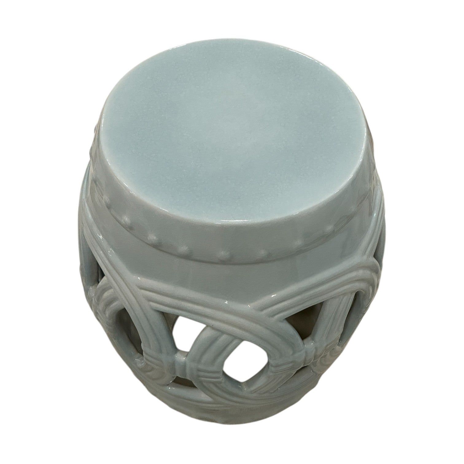 Light Blue and Gray Fine Porcelain Crackle Circle Stool with a solid top and openwork decorative sides featuring an interwoven pattern.