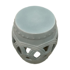 Light Blue and Gray Fine Porcelain Crackle Circle Stool with a solid top and openwork decorative sides featuring an interwoven pattern.