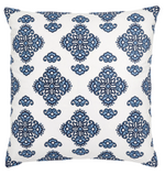 John Robshaw Adil Decorative Outdoor Pillow—square, white, with a repeating blue floral medallion pattern; made from weather-resistant fabric for outdoor use.