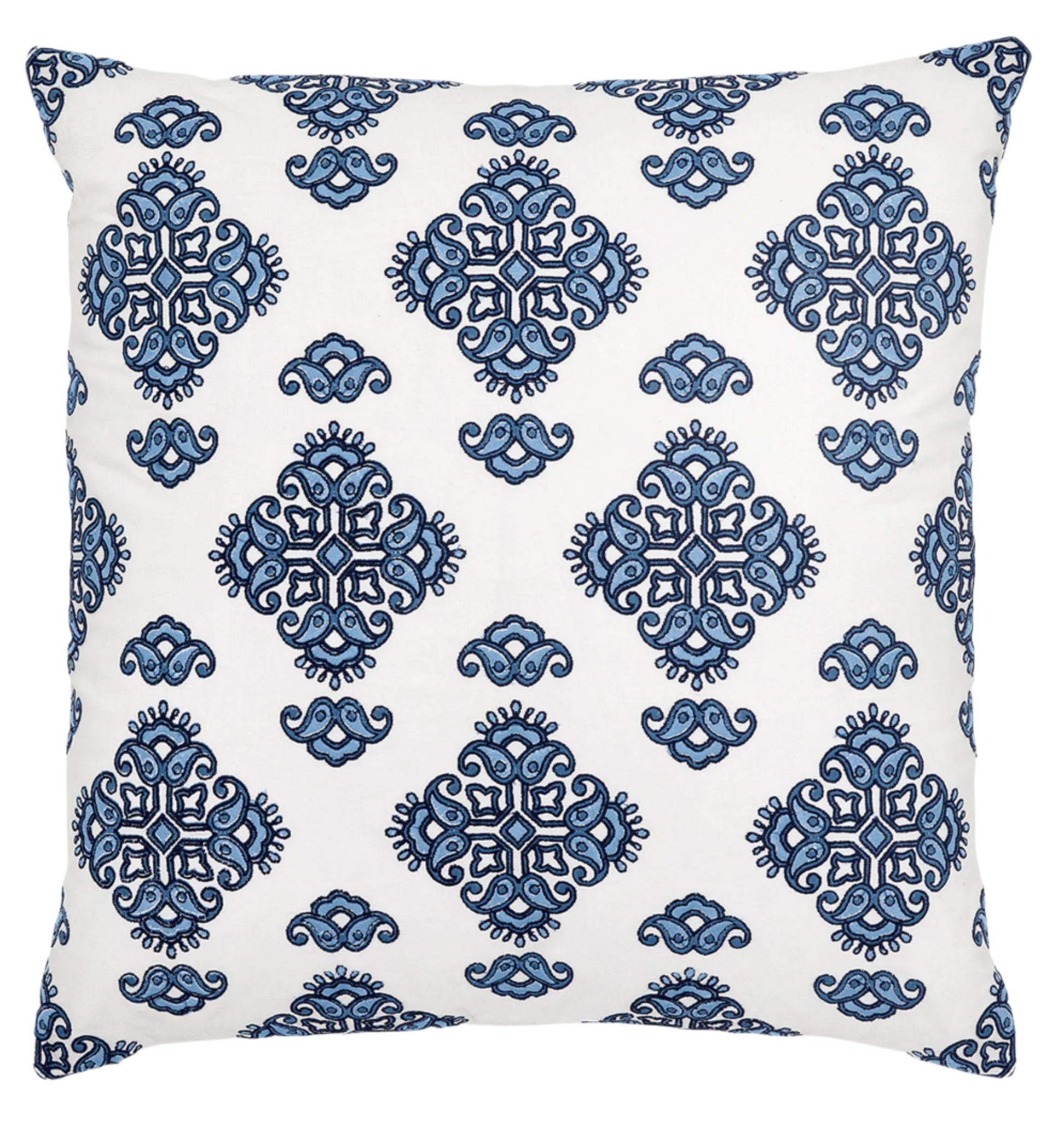 John Robshaw Adil Decorative Outdoor Pillow—square, white, with a repeating blue floral medallion pattern; made from weather-resistant fabric for outdoor use.