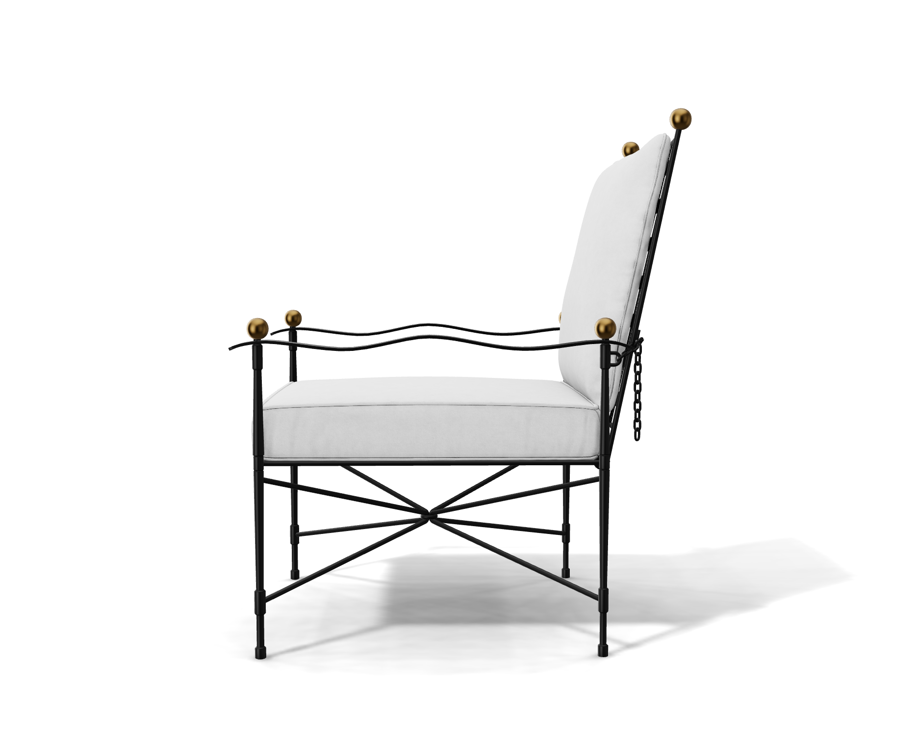 Side view of the Amalfi Adjustable Chain Lounge Chair, a modern powder coated steel lounge chair with a black metal frame, white seat and back cushions, and gold spherical accents on the corners, isolated on a white background.