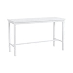 The Club Aluminum Bar Table in Chalk features a white rectangular frame, slatted top, and four straight legs. Its minimalist aluminum design is durable, making it an ideal choice for stylish outdoor patio settings.